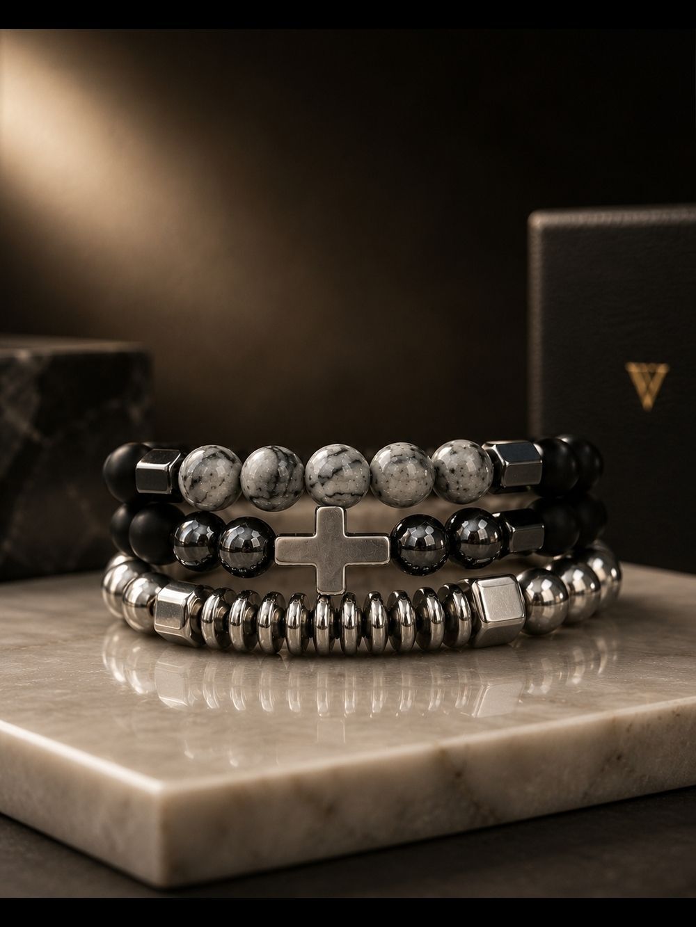 Black and Gray Men's Layered Beaded Bracelet Set